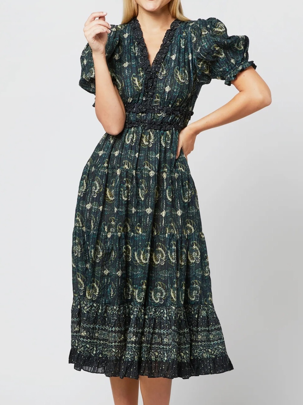 Ulla Johnson “Elli” Paisley Midi Dress with Puff Sleeves in Pacific